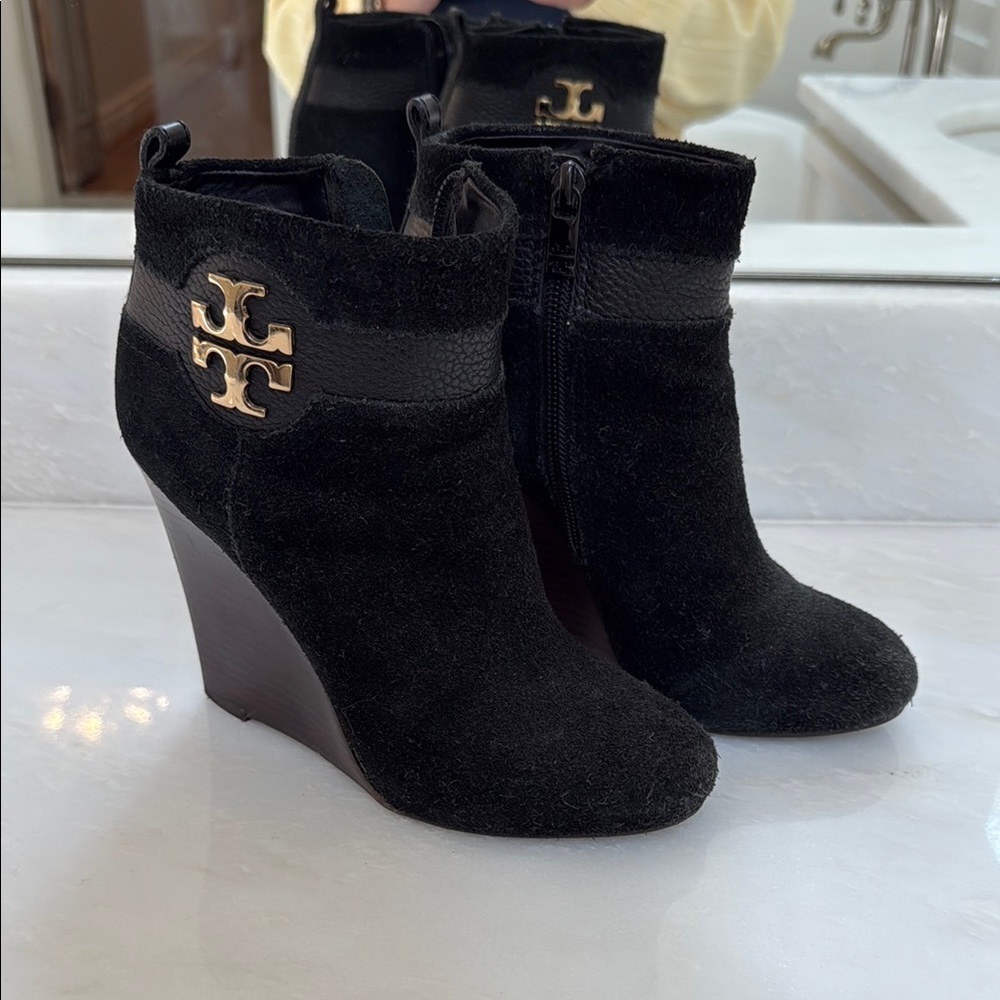 Tory Burch Black Suede Wedge Ankle Boots